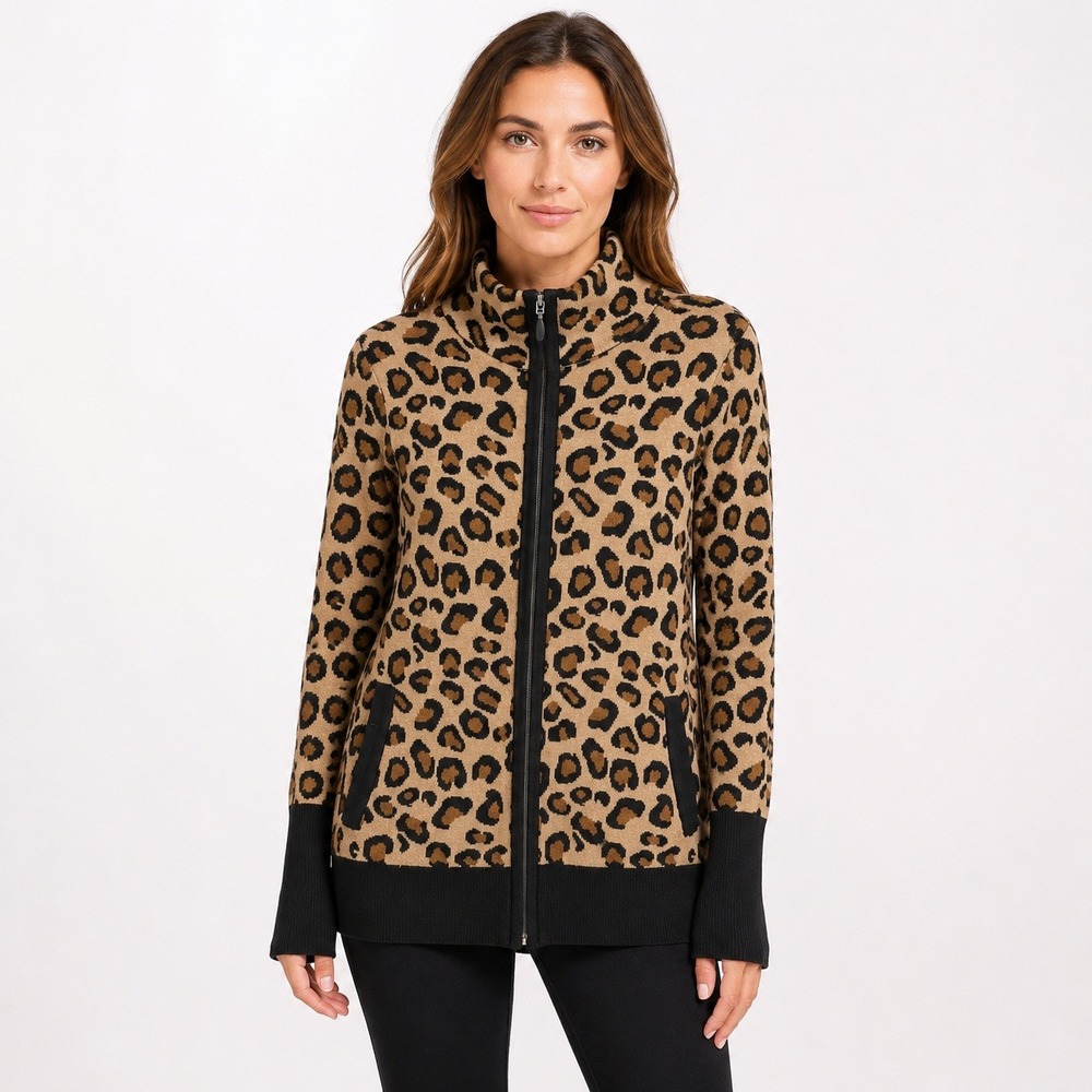 Rachel Zoe Women's L Leopard Print Full Zip Knit Cardigan Sweater Pockets